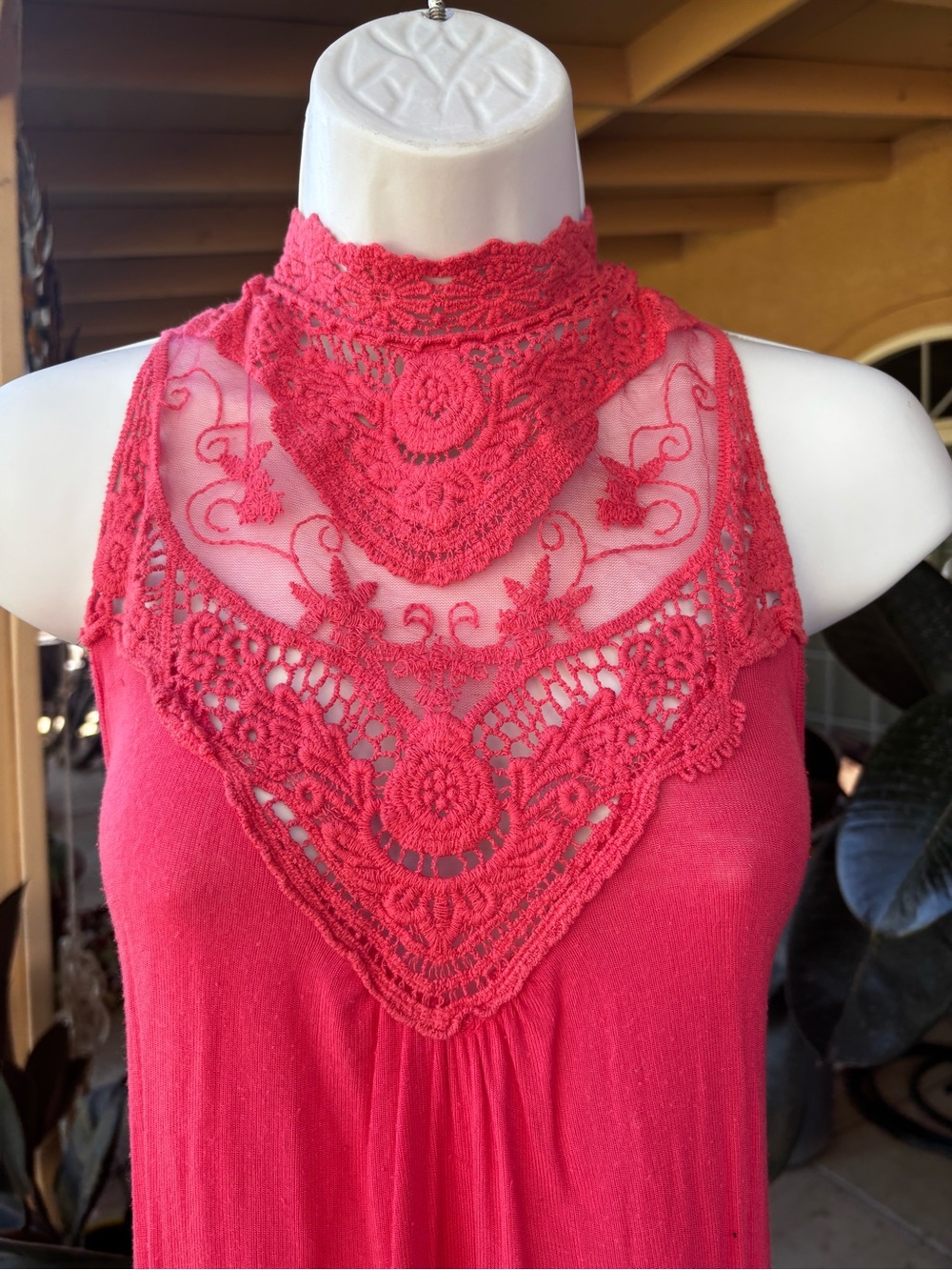 Diva Apparel Lace Yoke Halter Top - Raspberry Pink - Picture 2 of 8